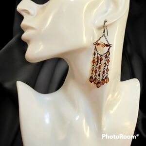 3/$30 VTG Antique Brass Orange Beaded Chandalier Chain Dangle Hook Earrings